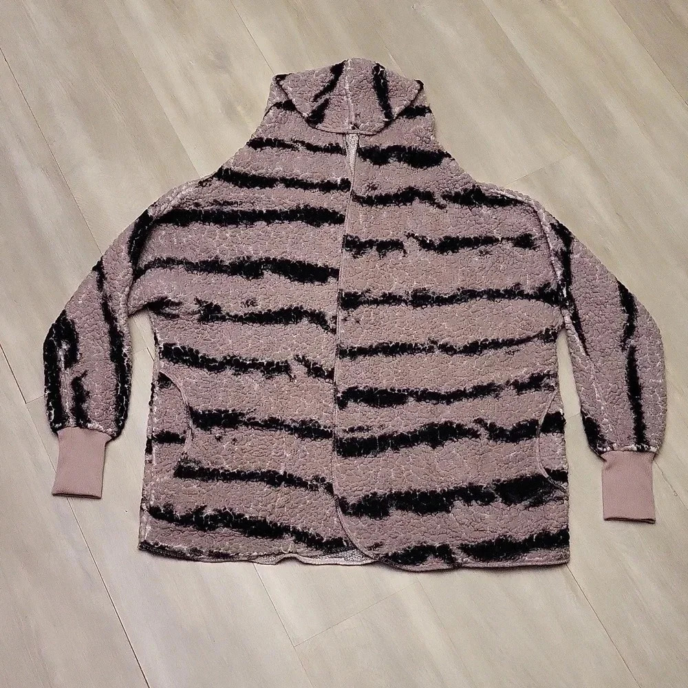 LulaRoe Open Front Hooded Long Sleeve Purple Black Stripe‎ Cardigan Womens S